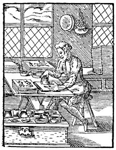 THE ILLUMINATOR colours and gilds pictures on paper or parchment. From Jost Amman’s book of trades, 1568